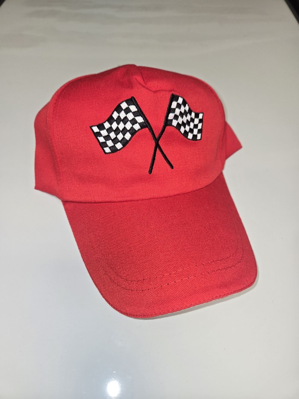 Red Racing Baseball Hat with Embroidered Checkered Flags